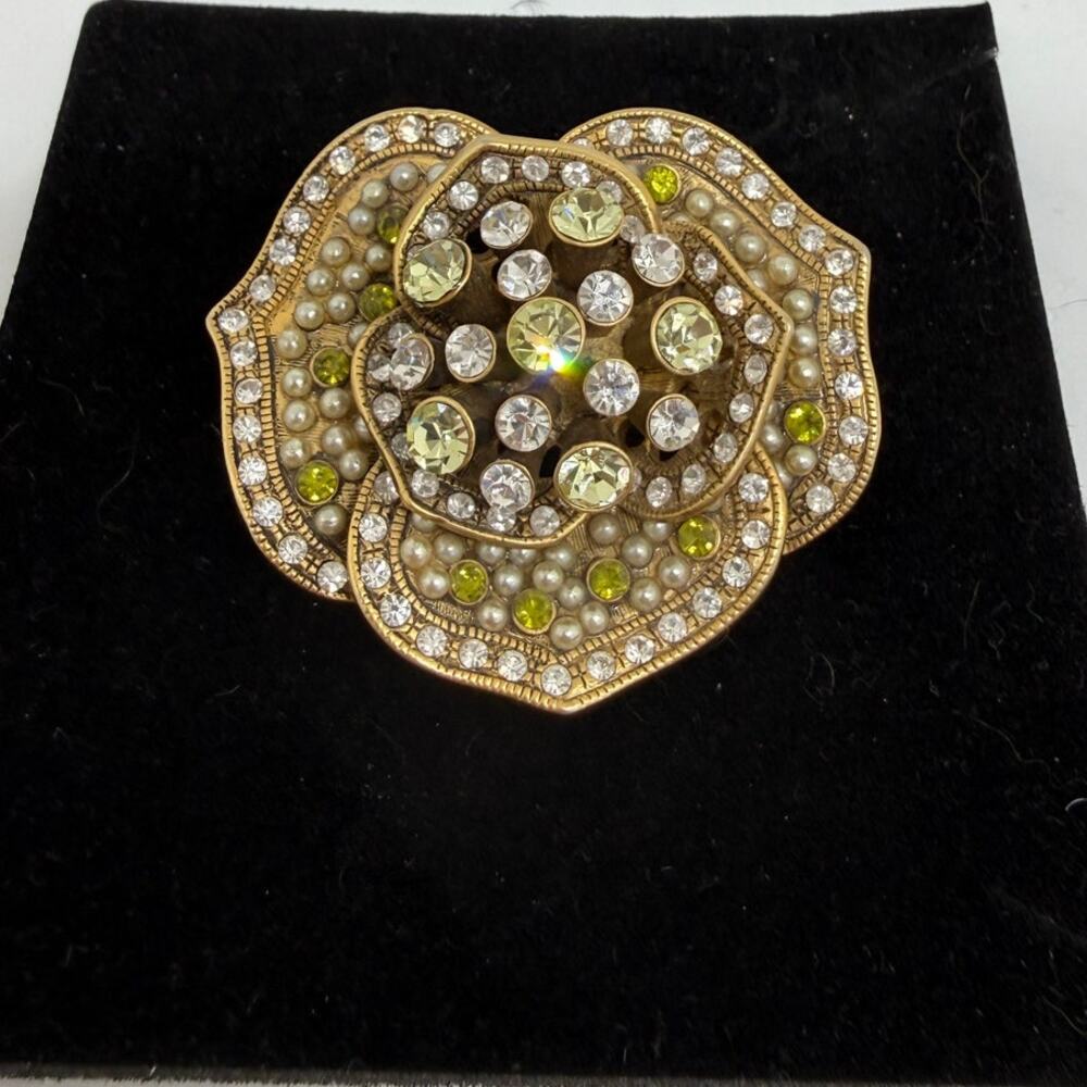 VINTAGE Lee Angel Rhinestone Pearl Floral Statement Brooch Gold Toned Jewelry